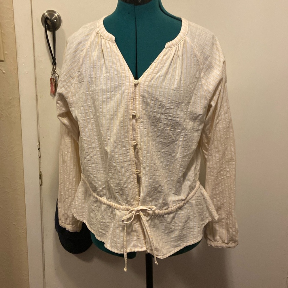 Time & Tru light Yellow Striped Gauze Blouse 8-10 long Sleeves Button & Tie